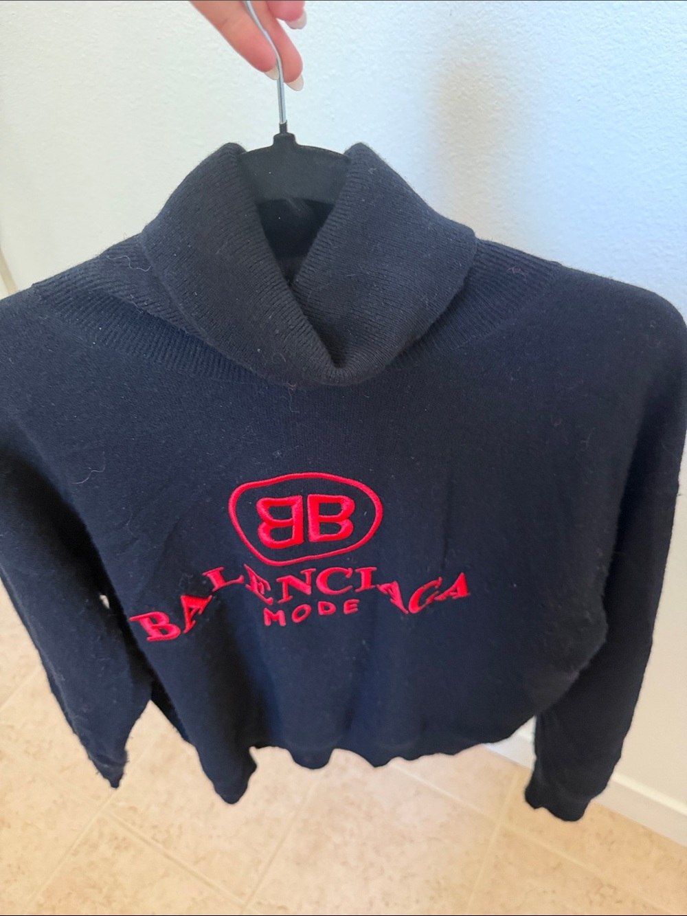 Balenciaga Black Turtleneck Sweater with Red Logo Embroidery - Picture 2 of 7
